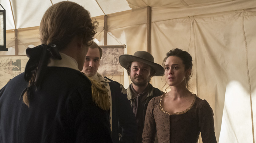 George Washington (Ian Khan), Anna Strong (Heather Lind), Caleb Brewster (Daniel Henshall) e Ben Tallmadge (Seth Numrich) no Episódio 5 Foto de Antony Platt/AMC
