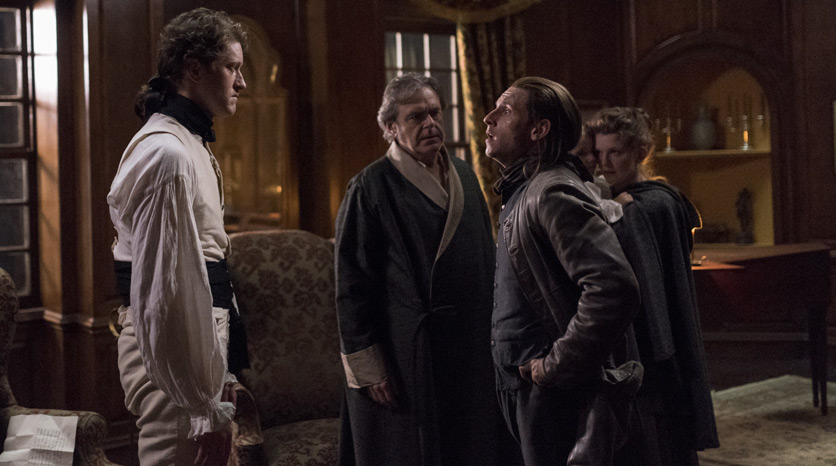 John Graves Simcoe (Samuel Roukin), Judge Richard Woodhull (Kevin McNally) e Abe Woodhull (Jamie Bell) no Episódio 5 Foto de Antony Platt/AMC