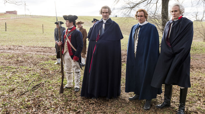 George Washington (Ian Kahn), Alexander Hamilton (Sean Haggerty) and Marquis de Lafayette (Brian Wiles) Episódio 10 Foto de Antony Platt/AMC