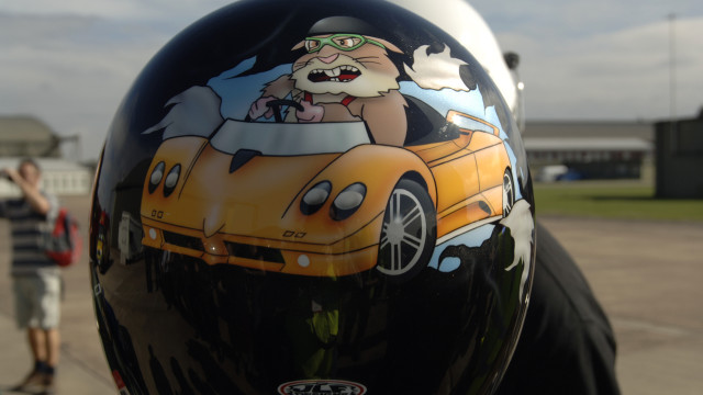Richard shows off his "Hamster" helmet.