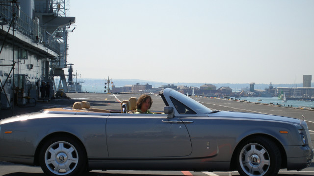 James drives the Rolls-Royce Phantom Drophead on an aircraft carrier.