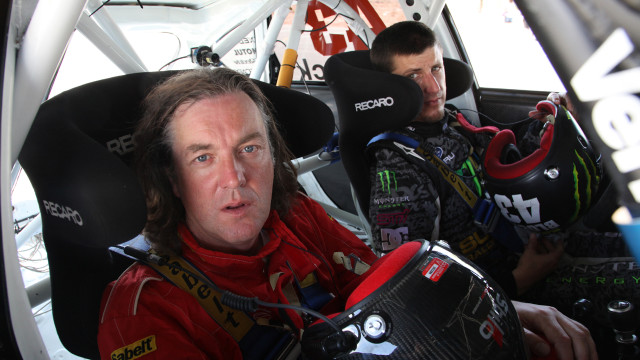 James rides shotgun with rally driver Ken Block