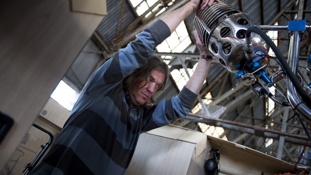 James mounts the engine for the flying caravan