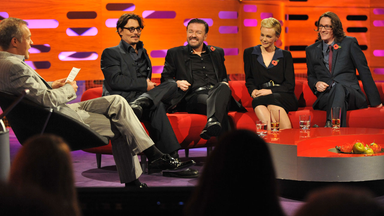 L-R: Graham Norton, Johnny Depp, Ricky Gervais, Carey Mulligan and Ed Byrne.