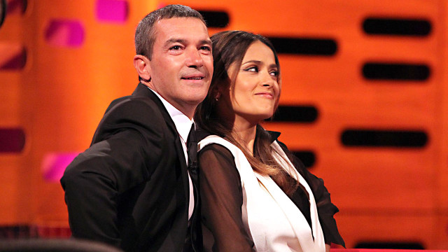 Longtime pals Antonio Banderas and Salma Hayek ham it up for the audience.