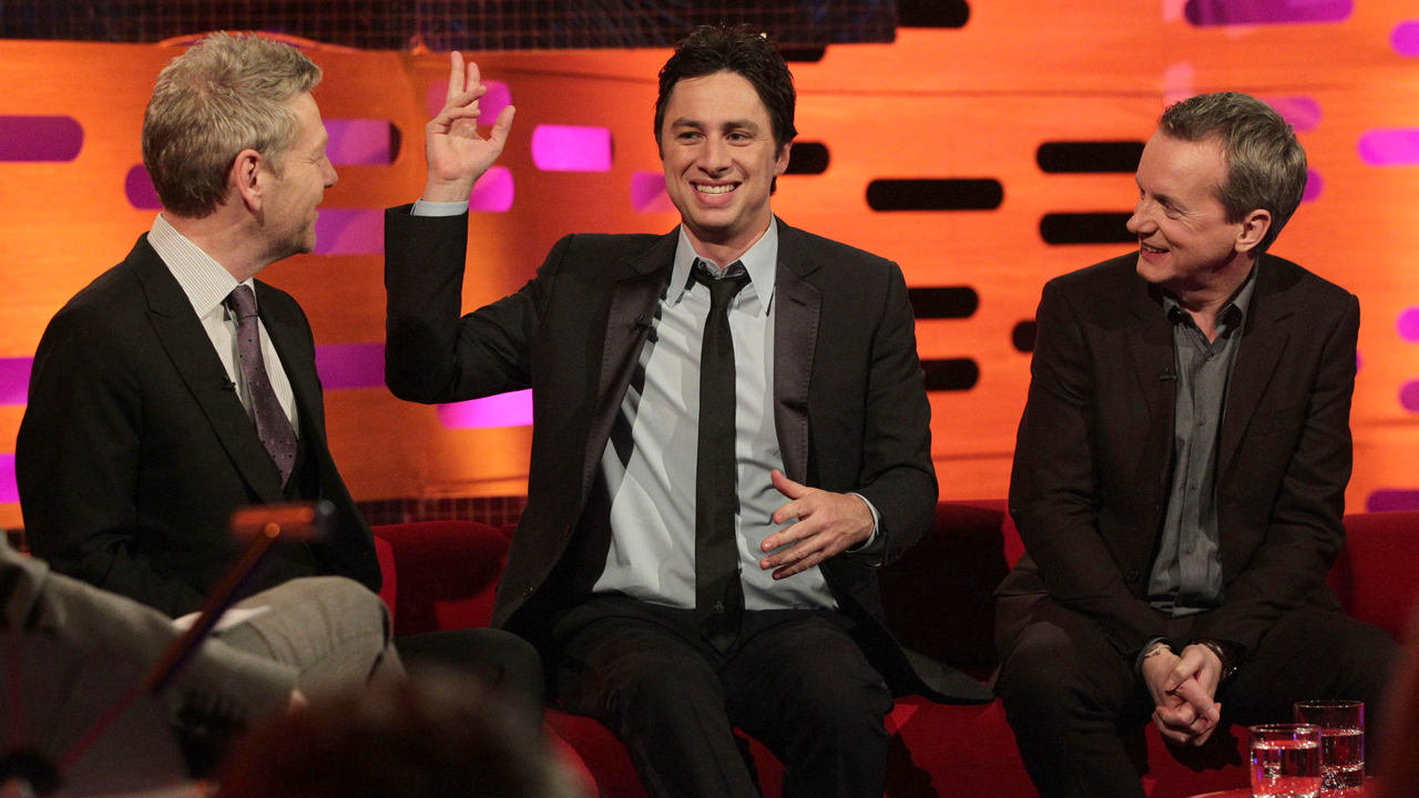 Zach Braff entertains Kenneth Branagh (L) and Frank Skinner (R).