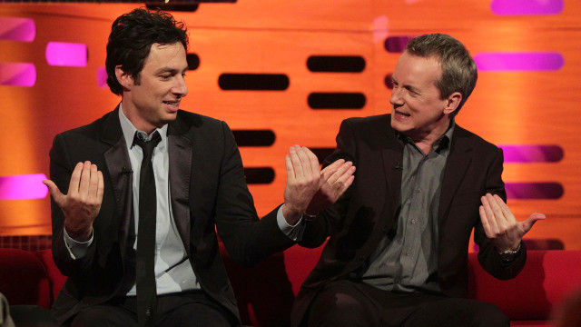 Guys goofing off: Zach Braff and Frank Skinner.