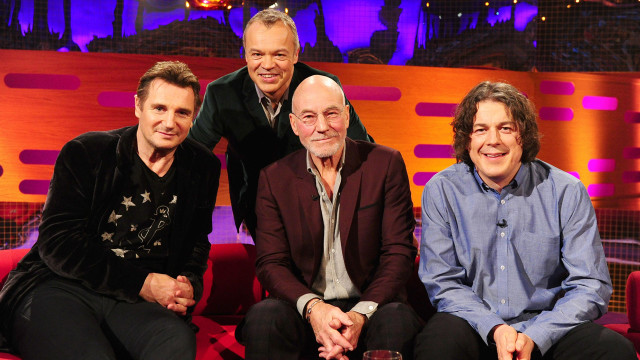 Graham's knigthly guests: Liam Neeson, Sir Patrick Stewart and Alan Davies.