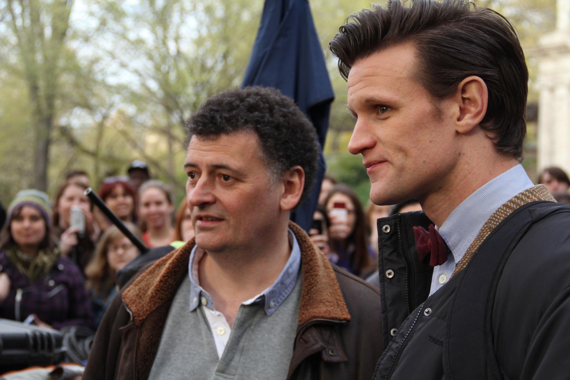 Central Park crowds look on as Steven Moffat and Matt Smith are hard at work shooting an upcoming episode in New York City.