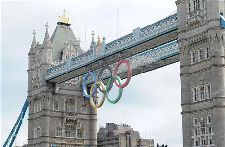 Giant Olympic rings hung from Tower Bridge, London,Britain - 27 Jun 2012 <b>The Olympic Rings</b>