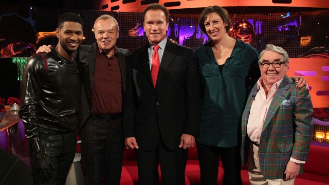 Usher, Graham Norton, Arnold Schwarzenegger, Miranda Hart and Ronnie Corbett celebrate the Season 12 premiere of 'The Graham Norton Show.'