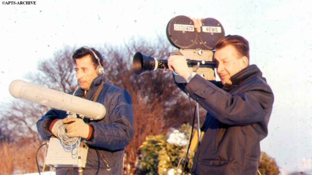 Two man news crews using the fairly new (for the period) 16-mm camera, with sound being recorded as an optical track on the film.