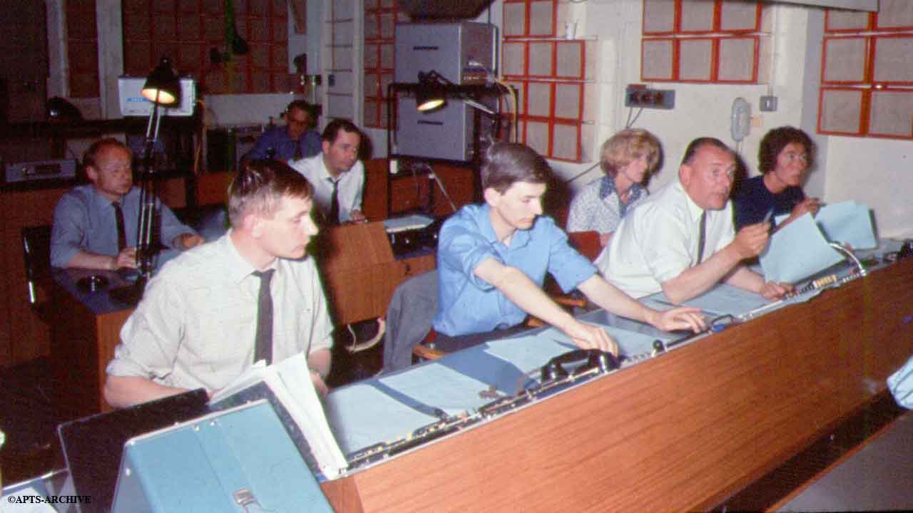 Studio B was the main news studio when Television News was based at Alexandra palace. The Director and his secretary can be seen extreme right.
Vision Mixer can be seen middle foreground.