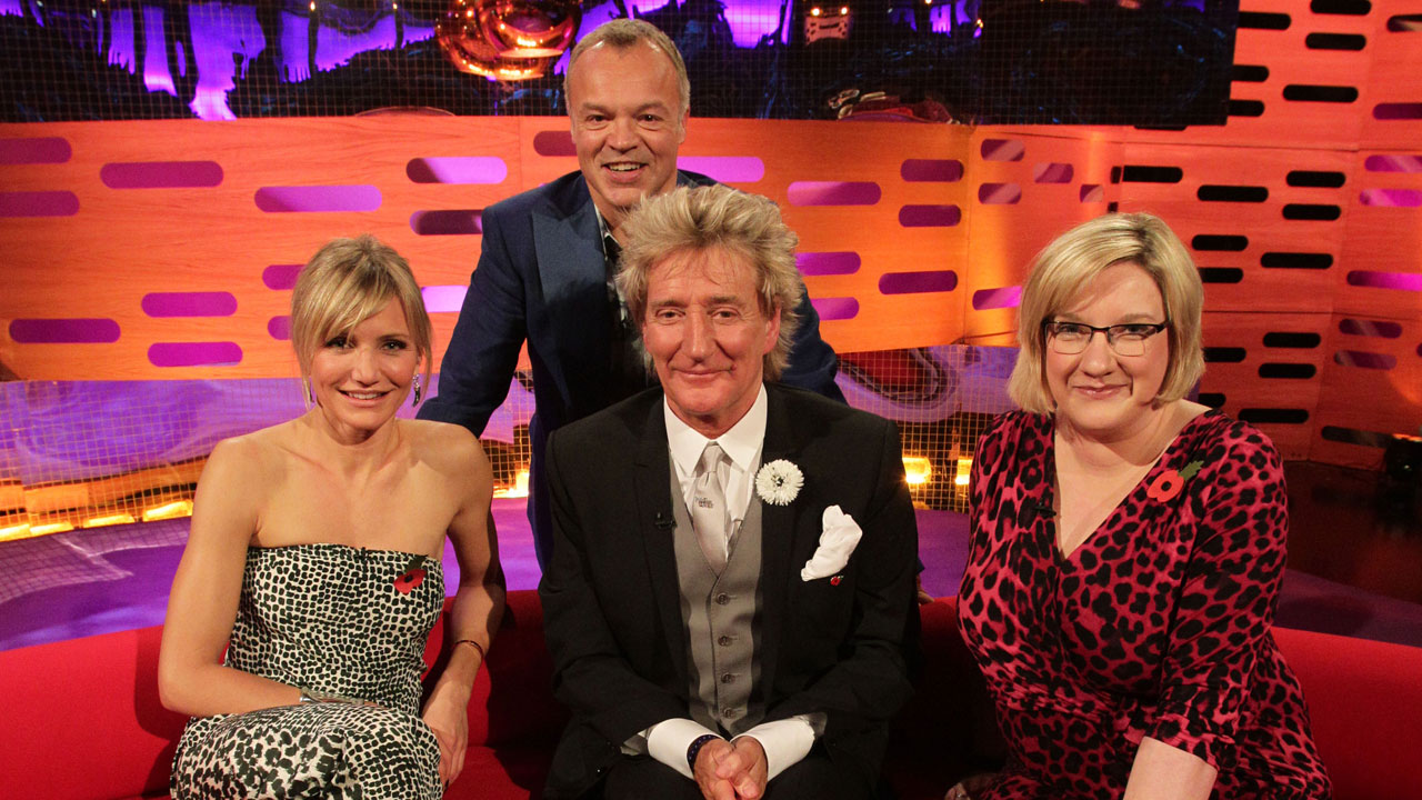 Cameron Diaz, Rod Stewart and Sarah Millican join Graham for a photo.