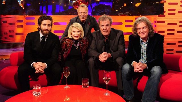 Graham poses with Jake Gyllenhaal, Joan Rivers, and 'Top Gear' presenters Jeremy Clarkson and James May.