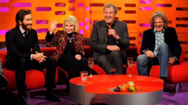 The one and only Joan Rivers has the floor, as Jake Gyllenhaal, Jeremy Clarkson and James May laugh it up.