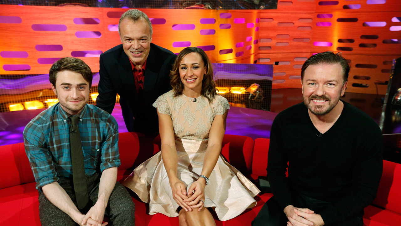 Daniel Radcliffe, Jessica Ennis, and Ricky Gervais join Graham for picture.