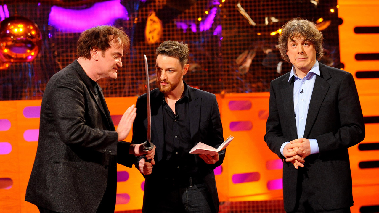 Quentin Tarantino and James McAvoy play with danger while a scared Alan Davies looks on.