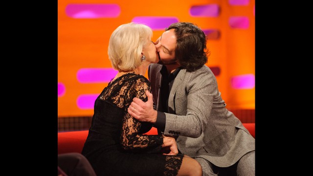 Stars getting naughty! Paul Rudd and Helen Mirren share a snog.