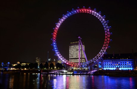 Royal baby born. The London Eye celebrates birth of the Duke and Duchess of Cambridge's son by lighting up red, white and blue, London. Picture date: Monday July 22, 2013. Photo credit should read: Doug Peters/PA Wire URN:17126873 (Press Association via AP Images)