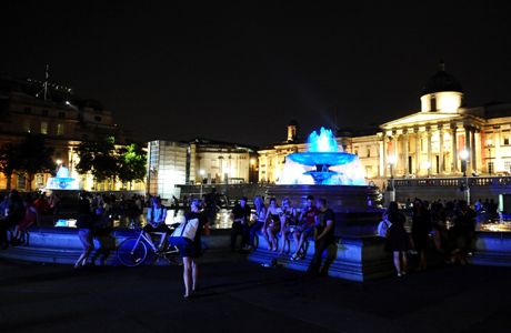 Royal baby born. Trafalgar Square's fountains are coloured blue to mark the birth of a baby boy, at 4.24pm to the Duke and Duchess of Cambridge at St Mary's Hospital. Picture date: Monday July 22, 2013. See PA story ROYAL Baby. Photo credit should read: Clive Gee/PA Wire URN:17126909 (Press Association via AP Images)