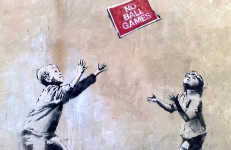 The Banksy mural "No Ball Games" has been sneakily removed for sale. (XX)