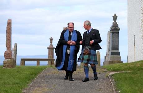 Royal visit to Scotland. The Prince of Wales with minister Mr Lyall Rennie (left) arriving for a church service at Canisbay Church, Caithness. Picture date: Sunday August 4, 2013. Photo credit should read: Andrew Milligan/PA URN:17235389 (Press Association via AP Images)