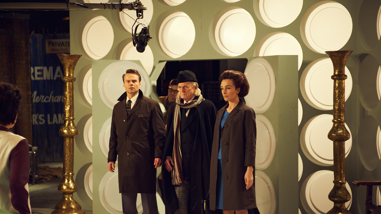Jamie Glover as William Russell, who played Ian Chesterton, David Bradley as First Doctor William Hartnell and Jemma Powell as Jacqueline Hill, who played Barbara Wright.