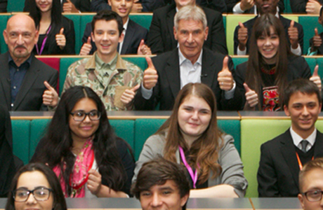 Ben Kingsley and the cast of Ender's Game make a surprise appearance at a secondary school in London. (FilmClub)