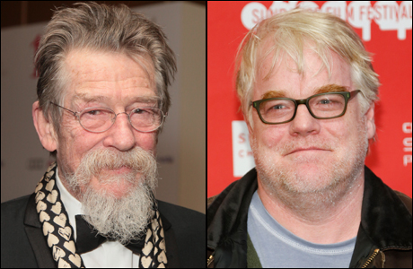 John Hurt co-starred with Philip Seymour Hoffman in the 2003 film 'Owning Mahowny.' (Hurt photo: Jon Furniss Photography/Invision/AP Images; Hoffman photo: Danny Moloshok/Invision/AP)