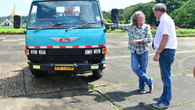 James May and Jeremy Clarkson with James’ Hino FD166B lorry in Yangon, Burma