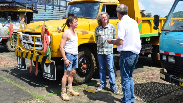 Richard Hammond, James May and Jeremy Clarkson with their lorries in Yangon, Burma