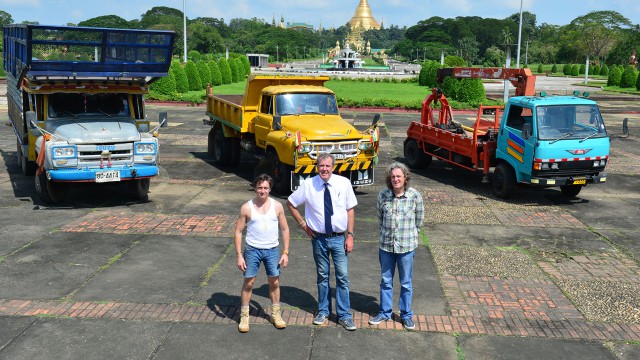 Richard Hammond, Jeremy Clarkson and James May with their lorries in Yangon, Burma