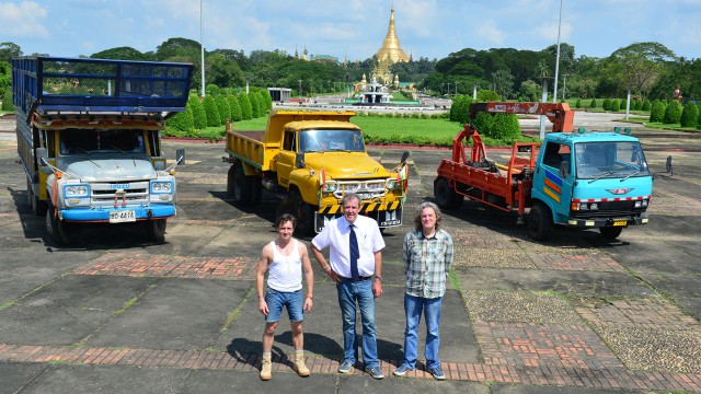 Richard Hammond, Jeremy Clarkson and James May with their lorries in Yangon, Burma