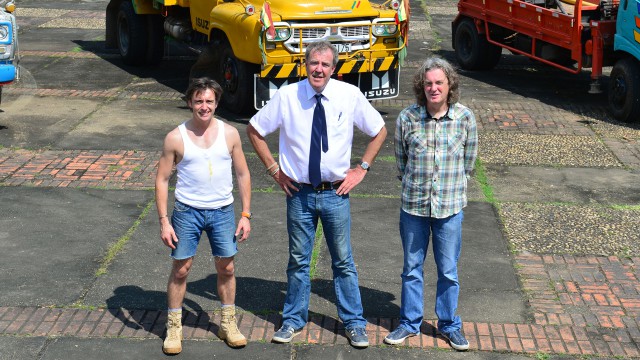 Richard Hammond, Jeremy Clarkson and James May with their lorries in Yangon, Burma