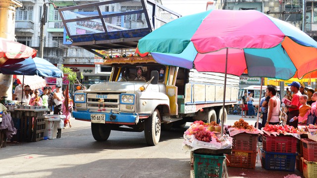 Richard Hammond driving his Isuzu ‘long nose’ lorry through the streets of Yangon in Burma