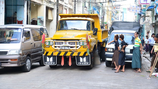 Jeremy Clarkson driving his Isuzu TXD lorry through the streets of Yangon in Burma