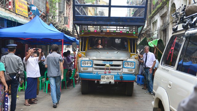 Richard Hammond driving his Isuzu ‘long nose’ lorry through the streets of Yangon in Burma