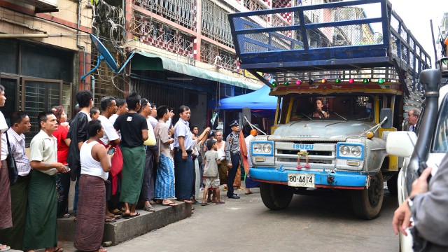 Richard Hammond driving his Isuzu ‘long nose’ lorry through the streets of Yangon in Burma
