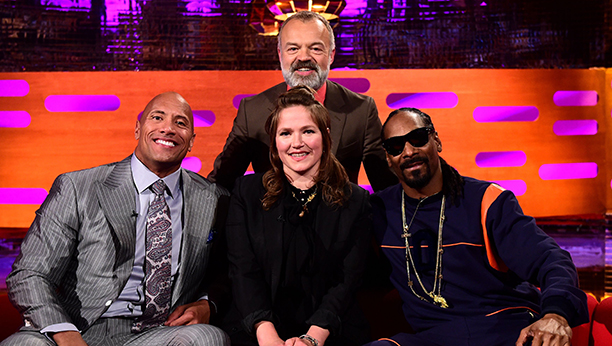 Host Graham Norton (rear) with (front, left - right) Dwayne Johnson, Jessica Hynes and Snoop Dogg during filming of the Graham Norton Show at the London Studios, south London, to be aired on Friday.
