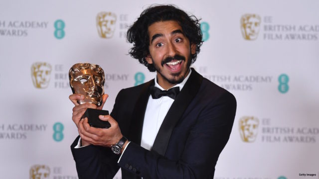 British actor Dev Patel poses with the award for a Supporting Actor for his work on the film ‘Lion’ at the BAFTA British Academy Film Awards at the Royal Albert Hall in London on February 12, 2017.
