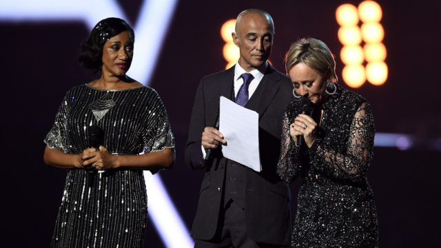 (L-R) Pepsi DeMacque, Andrew Ridgeley and Shirlie Holliman present a tribute to George Michael on stage at The BRIT Awards 2017. (Photo: Getty Images)