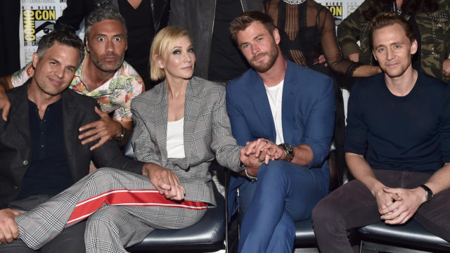 Mark Ruffalo, director Taika Waititi, actors Cate Blanchett, Chris Hemsworth and Tom Hiddleston from Marvel Studios Thor: Ragnarok’ at the San Diego Comic-Con International 2017 Marvel Studios Panel in Hall H on July 22, 2017 in San Diego, California.