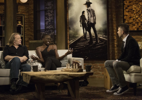Greg Nicotero (The Walking Dead Executive Producer, Special FX Makeup Designer), Danai Gurira (Michonne) and Chris Hardwick in Episode 9 of The Talking Dead