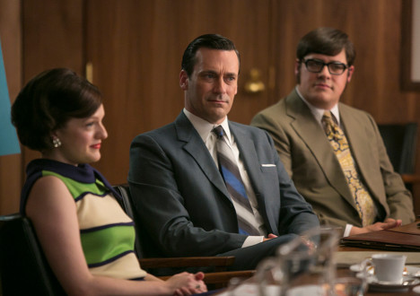 Peggy Olson (Elisabeth Moss), Don Draper (Jon Hamm) and Harry Crane (Rich Sommer) in Episode 7 of Mad Men