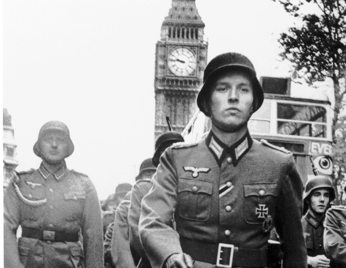 German troops march in Parliament Square, London from a scene in the 1964 movie IT HAPPENED HERE, directed by Kevin Brownlow and Andrew Mollo.