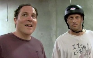 Jon Favreau checks out Tony Hawk's indoor skate ramp.