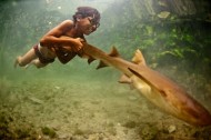 Award-winning photograph of 6 year old swimming with his pet shark