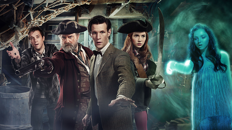 The Doctor, Amy and Rory aboard the pirate ship