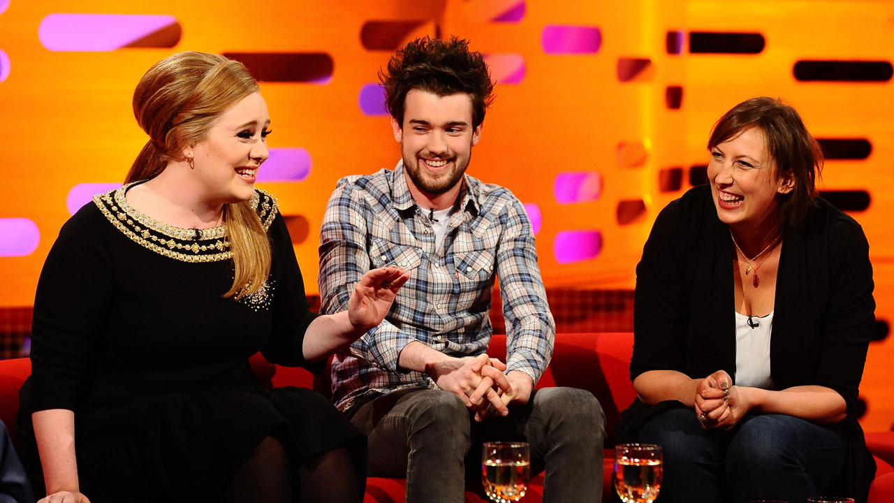Adele, Jack Whitehall and Miranda Hart share a giggle during episode 10.